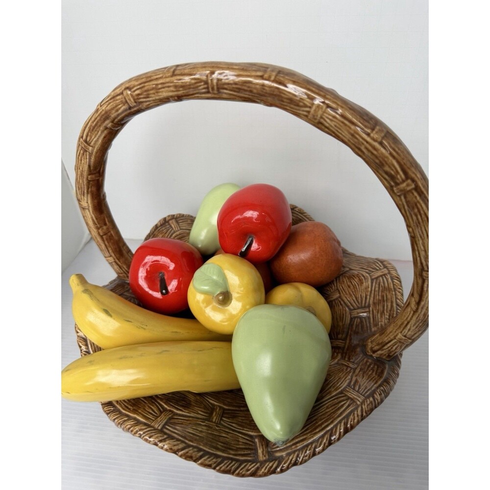 Vintage Hand Painted Ceramic Faux Food Fruit Woven Basket Centerpiece MCM Retro